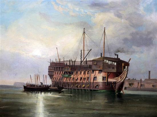 Manner of George Chambers Rowing boats beside the prism hulk, 12 x 15.5in.